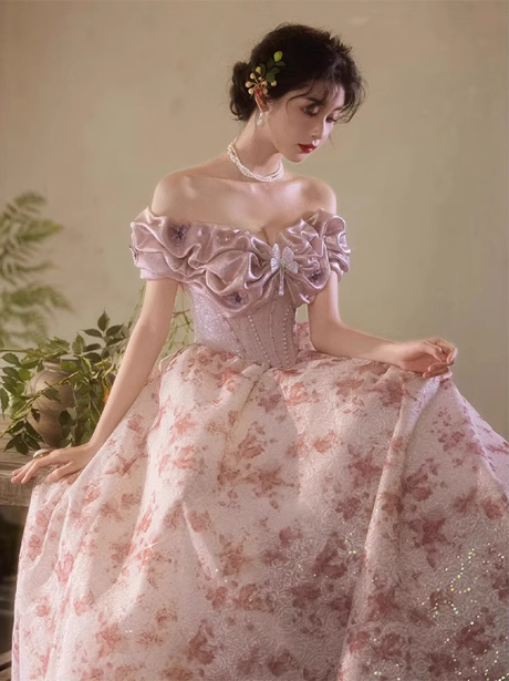 French Pink Printed A-Line Off-The-Shoulder Bow Tulle Long Classy Prom Dress