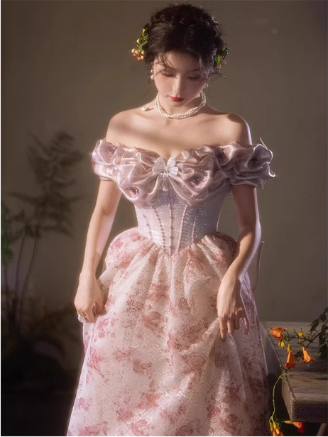 French Pink Printed A-Line Off-The-Shoulder Bow Tulle Long Classy Prom Dress Main image