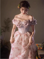 French Pink Printed A-Line Off-The-Shoulder Bow Tulle Long Classy Prom Dress