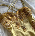 French Retro Gold Beaded Satin Irregular Skirt Classy Prom Dress