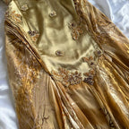 French Retro Gold Beaded Satin Irregular Skirt Classy Prom Dress