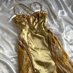 French Retro Gold Beaded Satin Irregular Skirt Classy Prom Dress