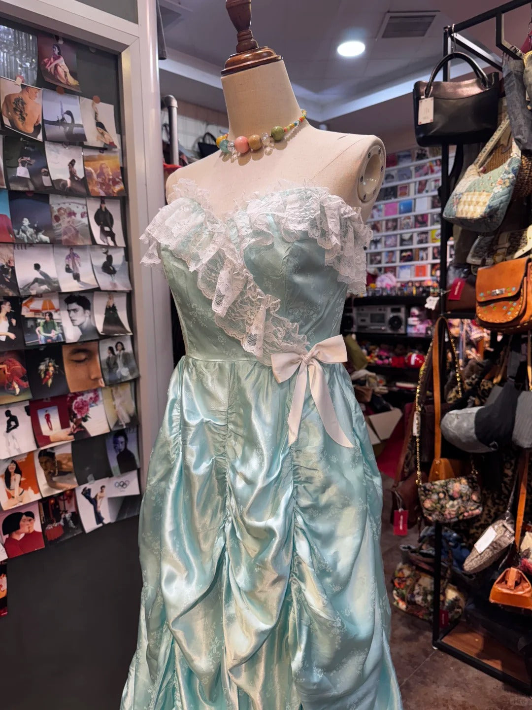 French Retro Mint Green A-Line Strapless Lace Ruffle Satin Long Classy Prom Dress