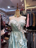 French Retro Mint Green A-Line Strapless Lace Ruffle Satin Long Classy Prom Dress