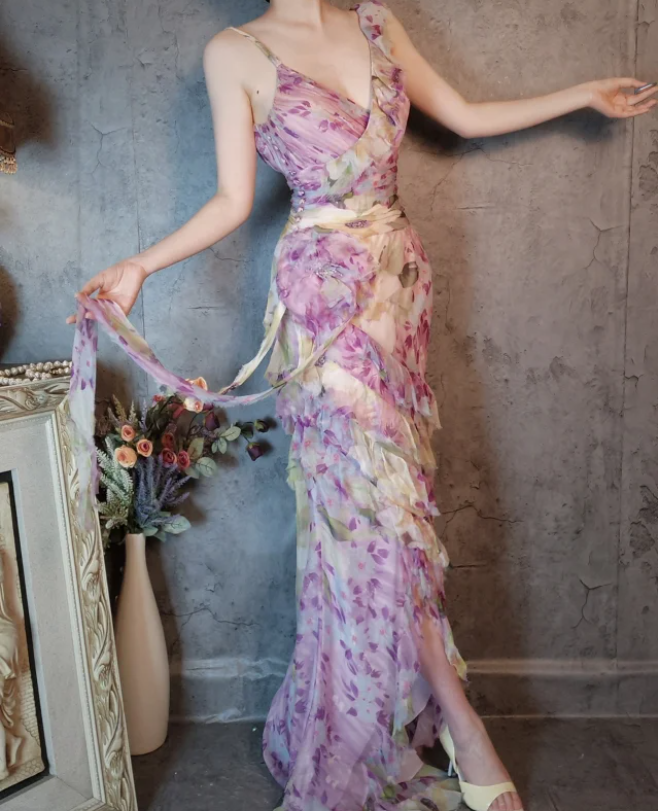 French Romantic Purple Floral Print V-Neck Backless Layered Pleated Chiffon Classy Prom Dress Secondary image