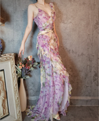 French Romantic Purple Floral Print V-Neck Backless Layered Pleated Chiffon Classy Prom Dress