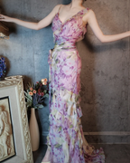 French Romantic Purple Floral Print V-Neck Backless Layered Pleated Chiffon Classy Prom Dress