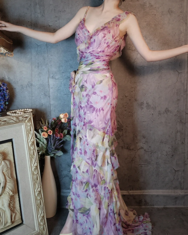 French Romantic Purple Floral Print V-Neck Backless Layered Pleated Chiffon Classy Prom Dress
