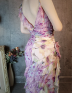 French Romantic Purple Floral Print V-Neck Backless Layered Pleated Chiffon Classy Prom Dress
