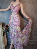 French Romantic Purple Floral Print V-Neck Backless Layered Pleated Chiffon Classy Prom Dress