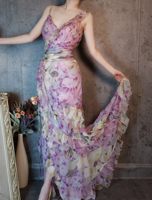 French Romantic Purple Floral Print V-Neck Backless Layered Pleated Chiffon Classy Prom Dress