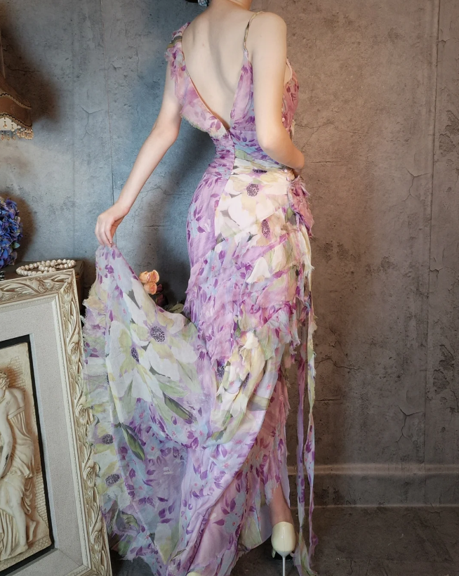 French Romantic Purple Floral Print V-Neck Backless Layered Pleated Chiffon Classy Prom Dress