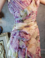 French Romantic Purple Floral Print V-Neck Backless Layered Pleated Chiffon Classy Prom Dress