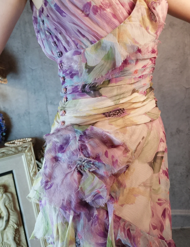 French Romantic Purple Floral Print V-Neck Backless Layered Pleated Chiffon Classy Prom Dress