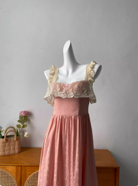 French Style Blush Pink Spaghetti Strap Square Neck Lace Jacquard Satin Classy Prom Dress