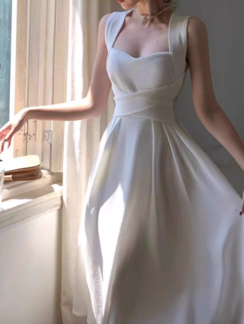 French Style Niche Light Luxury White Straps Dress Elegant White Birthday Dress