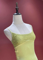 Fresh Elegant Pale Yellow Green Spaghetti Strap Lace Satin Classy Prom Dress
