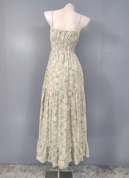 Fresh Green A-Line Spaghetti Strap V-Neck Floral Print Cotton Long Classy Prom Dress Secondary image