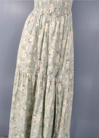 Fresh Green A-Line Spaghetti Strap V-Neck Floral Print Cotton Long Classy Prom Dress