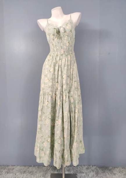 Fresh Green A-Line Spaghetti Strap V-Neck Floral Print Cotton Long Classy Prom Dress Main image