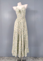 Fresh Green A-Line Spaghetti Strap V-Neck Floral Print Cotton Long Classy Prom Dress