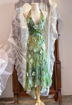 Fresh Green Floral Print Halter Neck Chiffon Classy Prom Dress