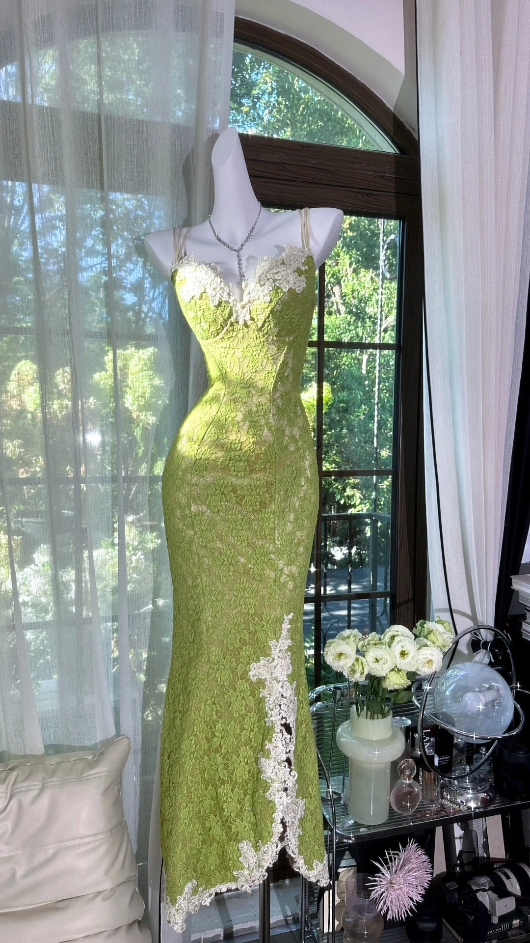 Fresh Green Mermaid Strapless Backless Criss-Cross Lace Long Classy Prom Dress
