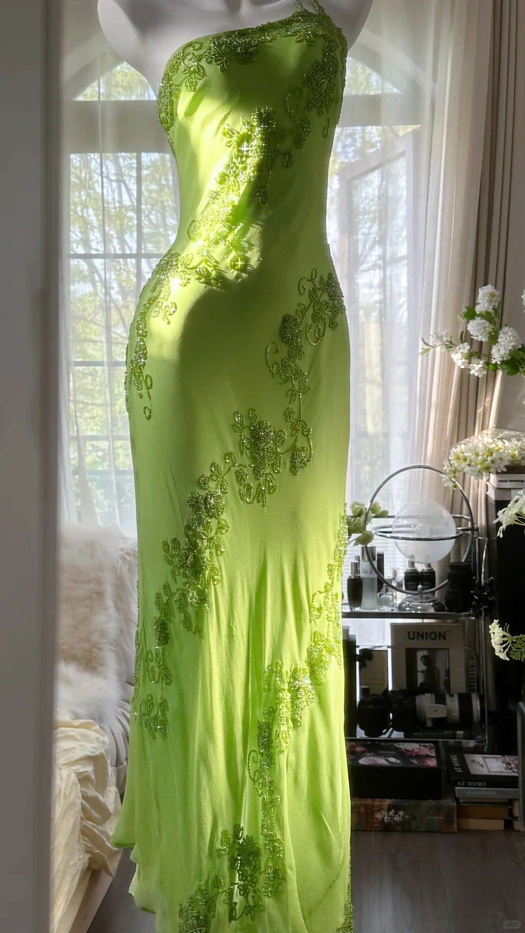 Fresh Green One Shoulder Chiffon Beaded Mermaid Prom Gown Classy Prom Dress Secondary image