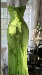 Fresh Green One Shoulder Chiffon Beaded Mermaid Prom Gown Classy Prom Dress