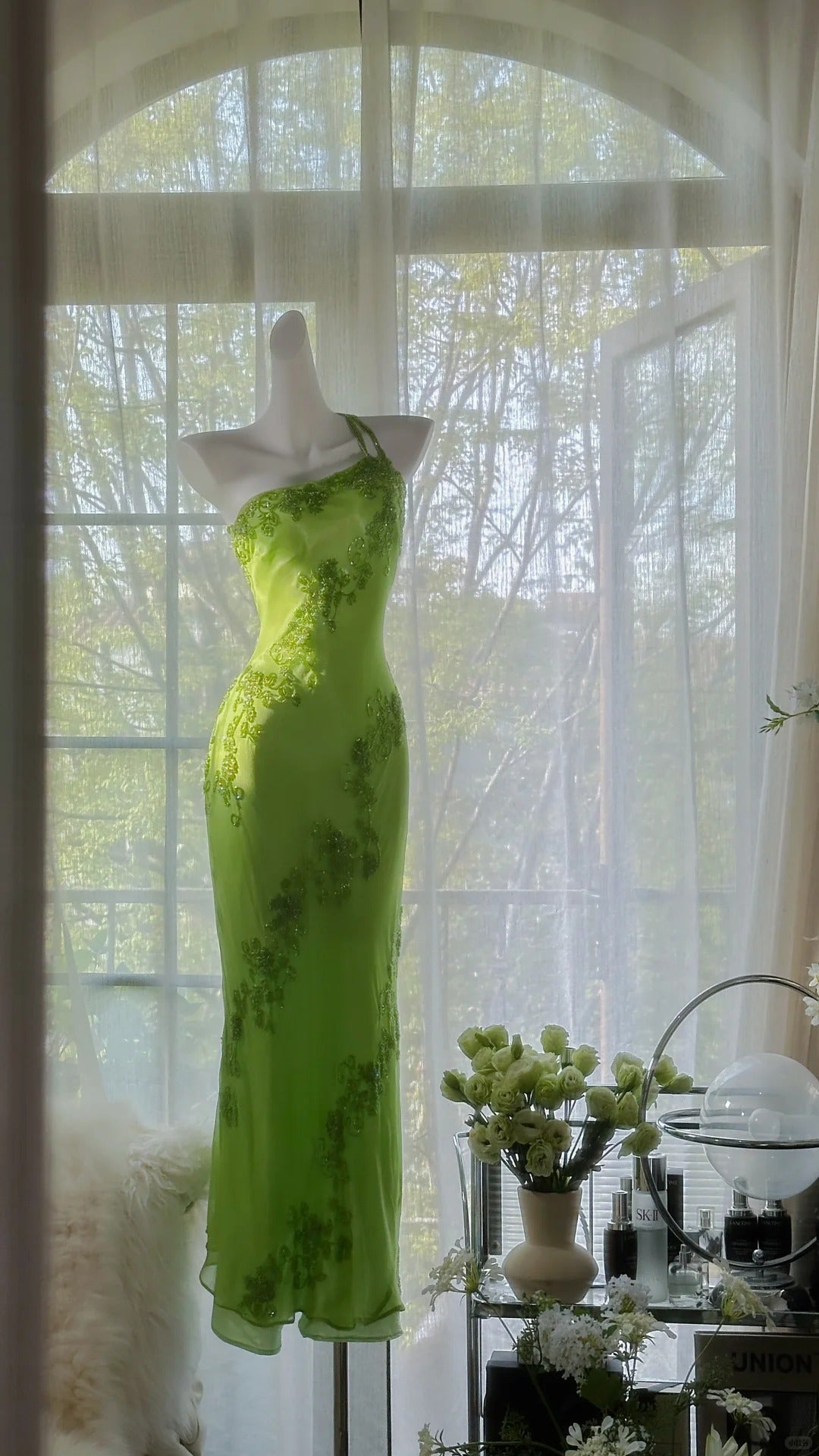 Fresh Green One Shoulder Chiffon Beaded Mermaid Prom Gown Classy Prom Dress