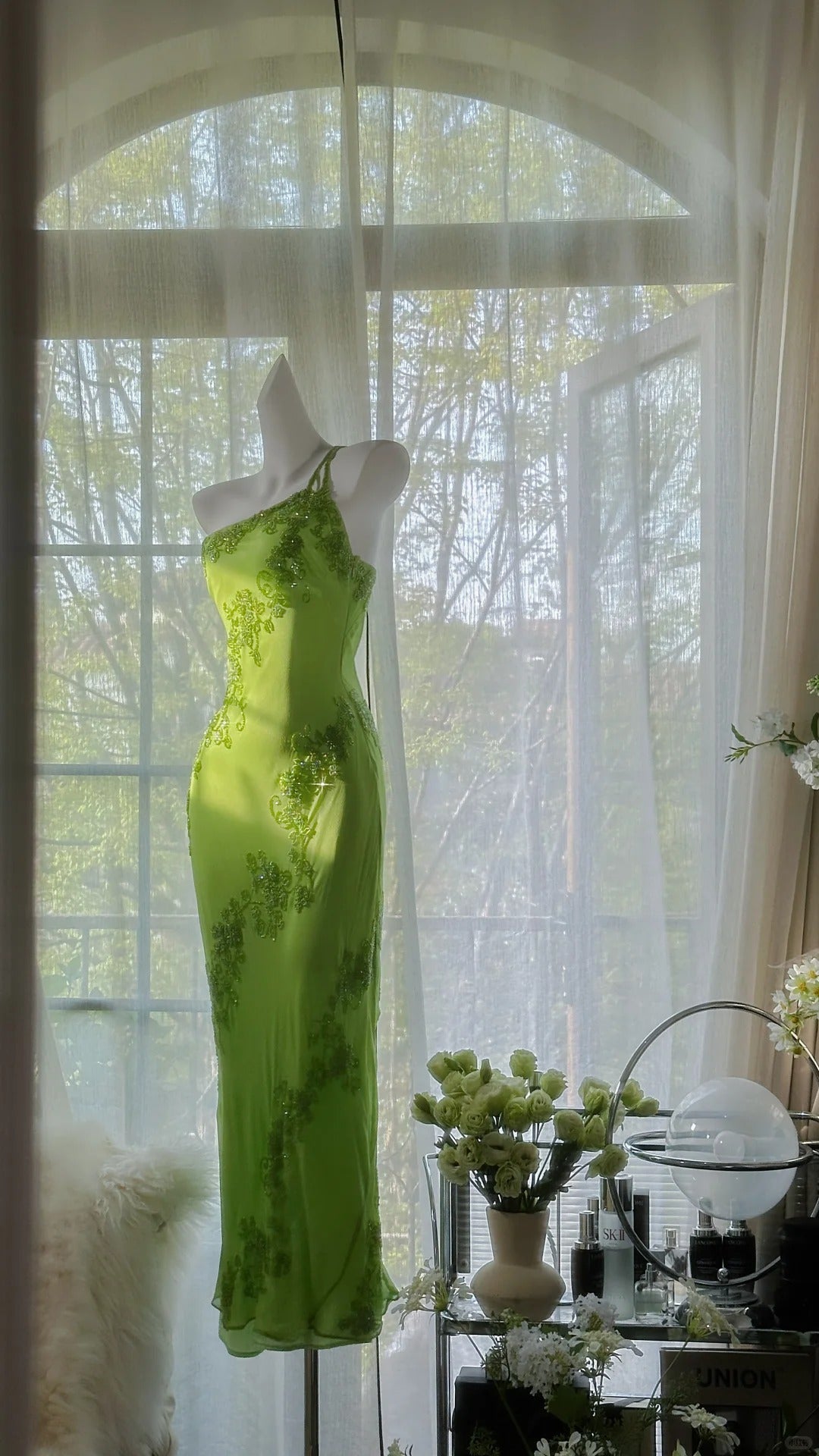 Fresh Green One Shoulder Chiffon Beaded Mermaid Prom Gown Classy Prom Dress Main image