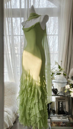 Fresh Green Simple Chiffon Ruffle Skirt Prom Dress