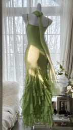 Fresh Green Simple Chiffon Ruffle Skirt Prom Dress