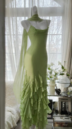 Fresh Green Simple Chiffon Ruffle Skirt Prom Dress