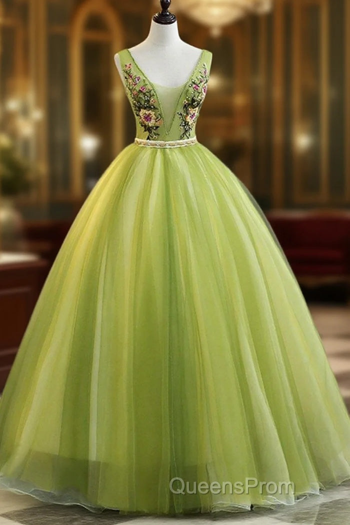 Fresh Green Tulle V Neck Long Lace Up Senior Evening Prom Dress With Applique Main image