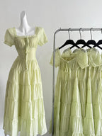 Fresh Light Green A-Line Short-Sleeved Back Hollow Long Classy Prom Dress Bridesmaid Dress