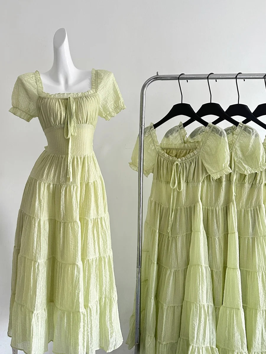 Fresh Light Green A-Line Short-Sleeved Back Hollow Long Classy Prom Dress Bridesmaid Dress