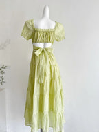 Fresh Light Green A-Line Short-Sleeved Back Hollow Long Classy Prom Dress Bridesmaid Dress