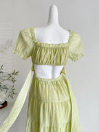 Fresh Light Green A-Line Short-Sleeved Back Hollow Long Classy Prom Dress Bridesmaid Dress