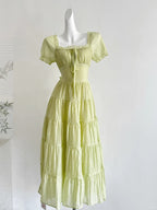Fresh Light Green A-Line Short-Sleeved Back Hollow Long Classy Prom Dress Bridesmaid Dress
