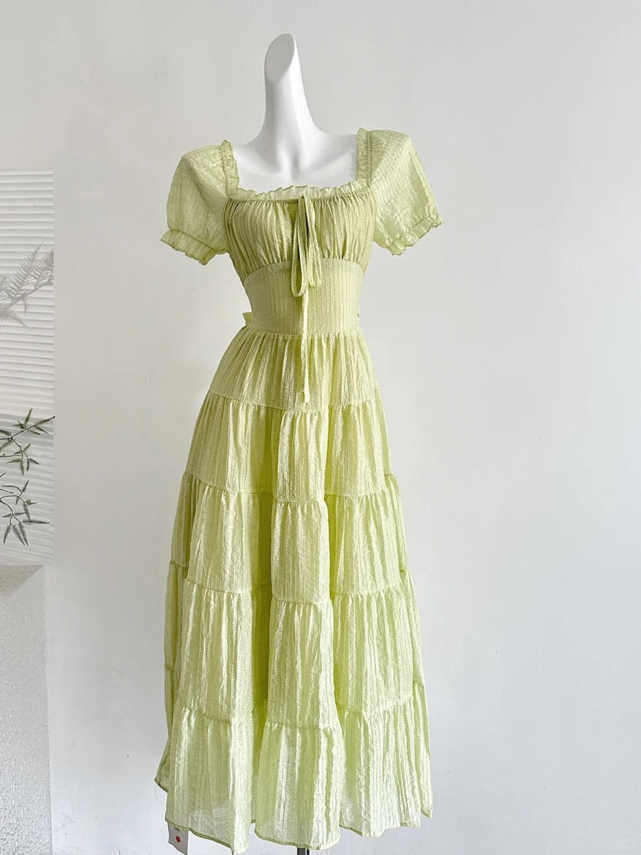 Fresh Light Green A-Line Short-Sleeved Back Hollow Long Classy Prom Dress Bridesmaid Dress