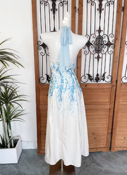 Fresh Printed A-Line Halter Neck Satin Long Classy Prom Dress