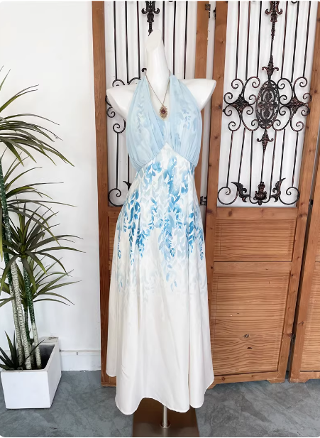 Fresh Printed A-Line Halter Neck Satin Long Classy Prom Dress