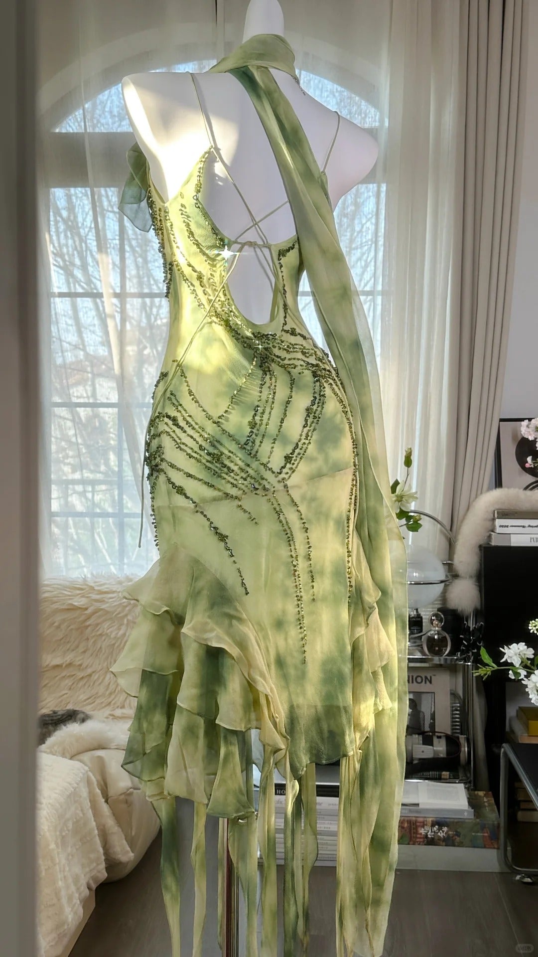 Fresh Rendering Green Beaded Chiffon Irregular Skirt Prom Dress