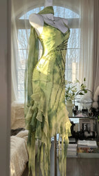 Fresh Rendering Green Beaded Chiffon Irregular Skirt Prom Dress