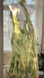 Fresh Rendering Green Beaded Chiffon Irregular Skirt Prom Dress