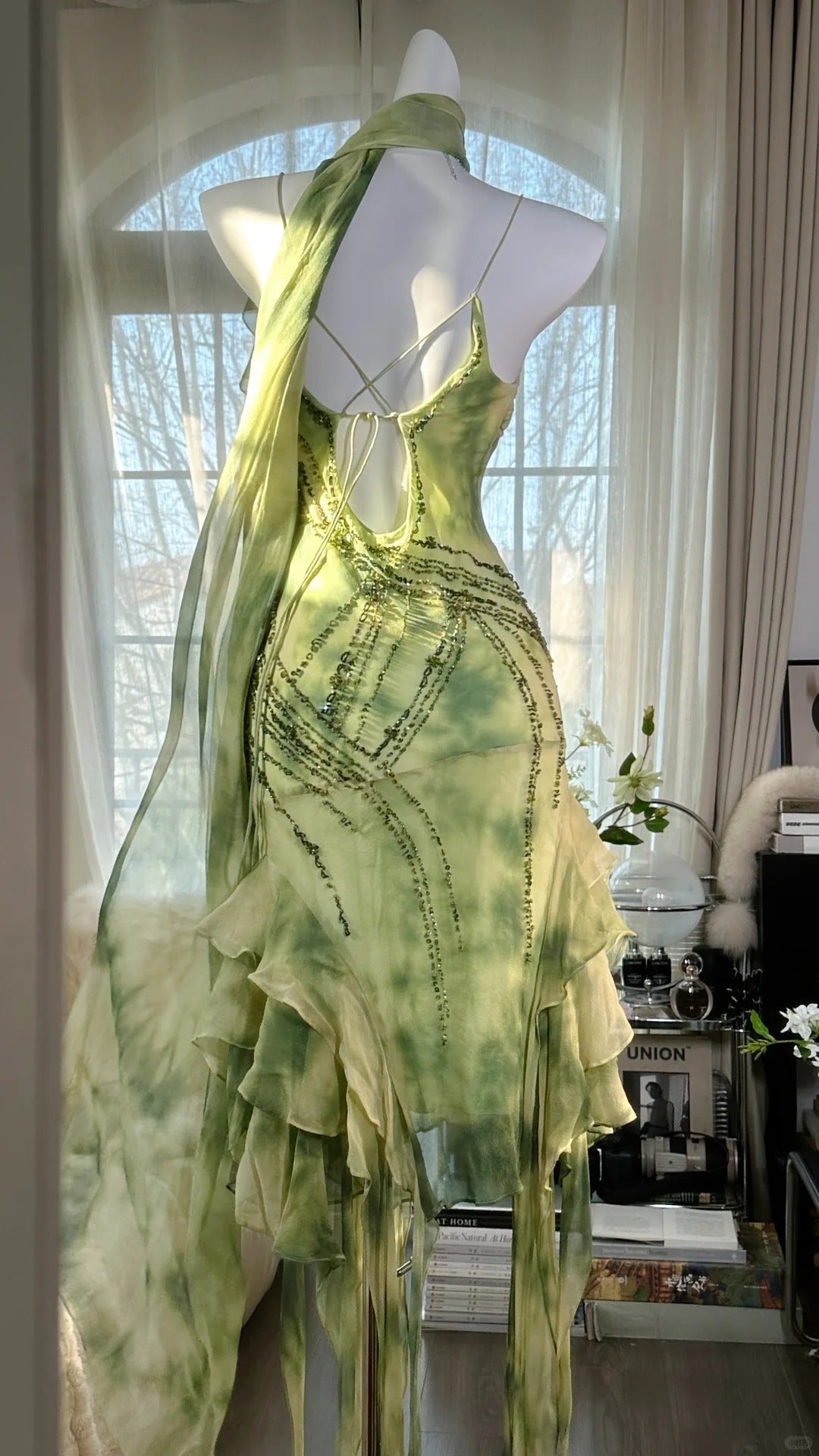 Fresh Rendering Green Beaded Chiffon Irregular Skirt Prom Dress
