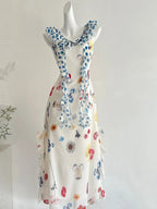 Fresh White Background Colorful Floral V-Neck Ruffle Waist Chiffon Long Classy Prom Dress