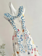 Fresh White Background Colorful Floral V-Neck Ruffle Waist Chiffon Long Classy Prom Dress