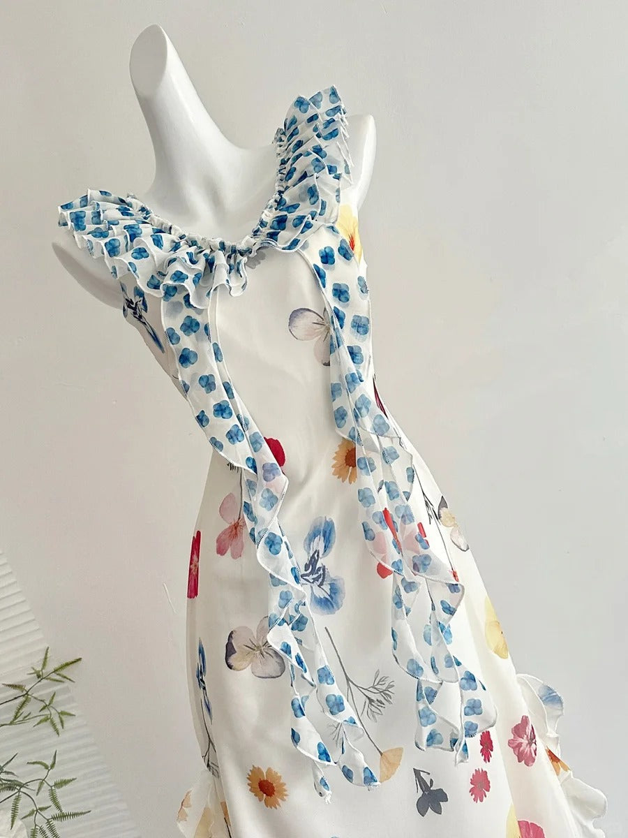 Fresh White Background Colorful Floral V-Neck Ruffle Waist Chiffon Long Classy Prom Dress